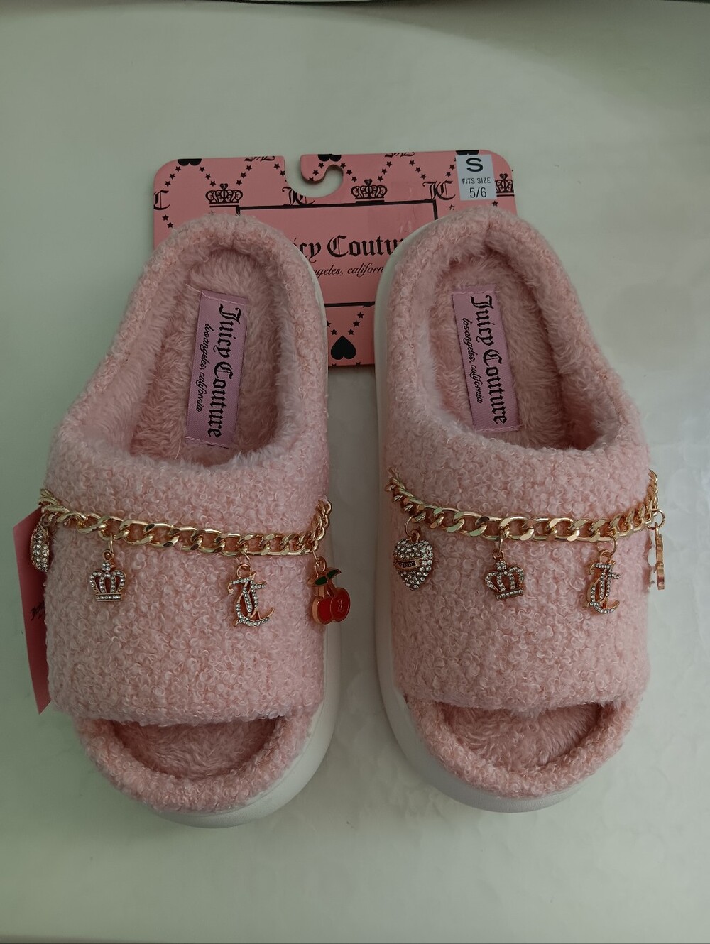 Juicy Couture fuzzy Pink Open Toe Slippers With Charms